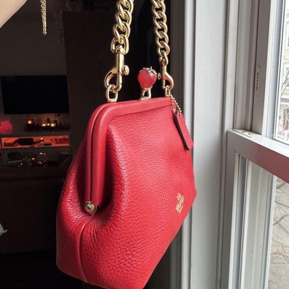 Coach Cherry Red Leather Clutch with Gold Chain